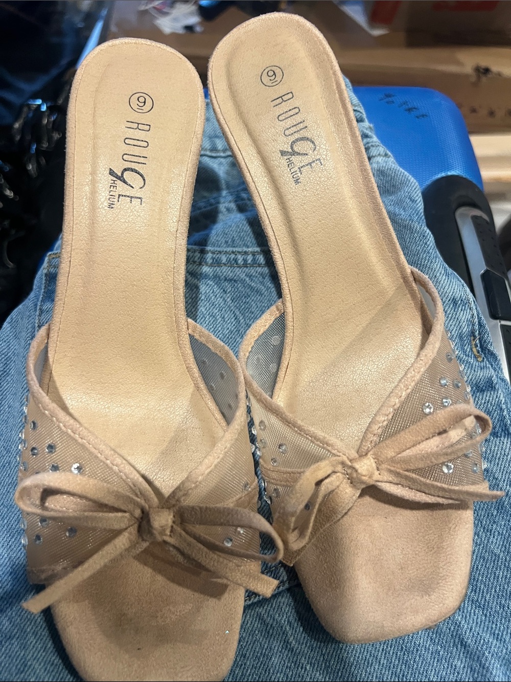 Rouge! Nude Bow Slip-On Mules with Rhinestone Accents